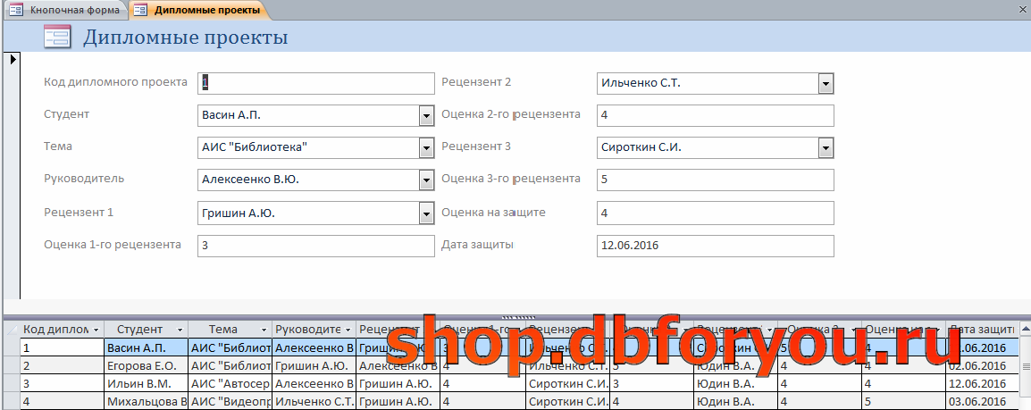 Форма «Дипломные проекты» в готовой базы данных «Дипломное проектирование».
